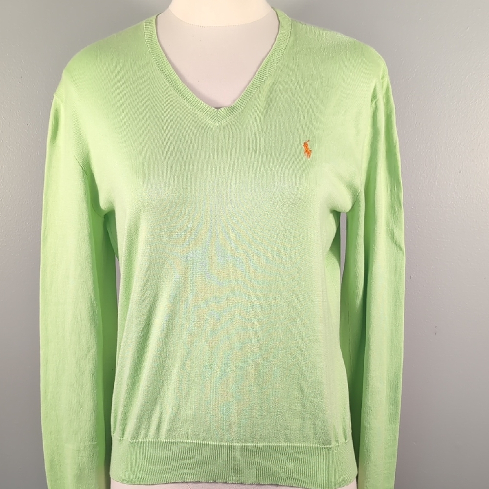 Ralph Lauren Blue Label Lime Green 100% Cotton V Neck Sweater, XL.